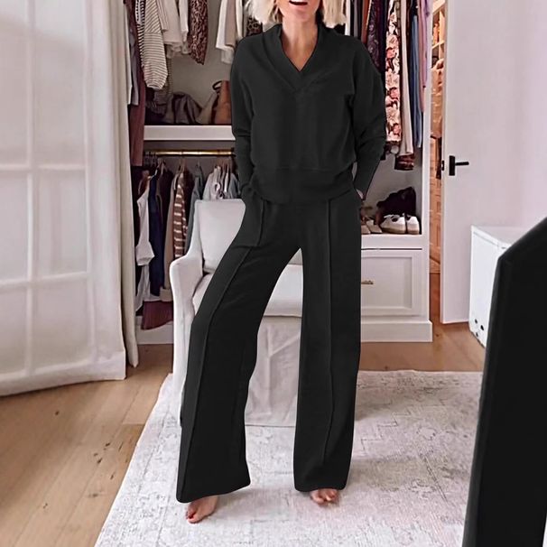 Women's Clothing New Casual Threaded V Neck Long Sleeved Loose Top Wide Leg Pants Two Piece Set_ecoleips.com