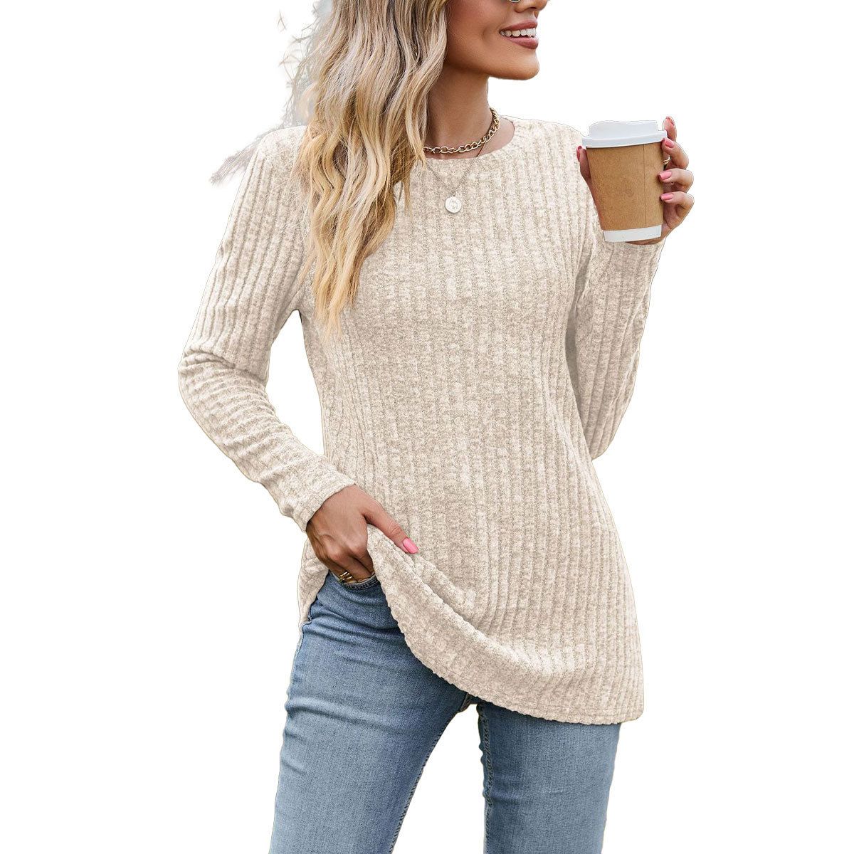 Autumn Women's Wear Round-Neck, Brushed, Striped Knitted Solid Color Long-Sleeved T-Shirt For Women_ecoleips.com