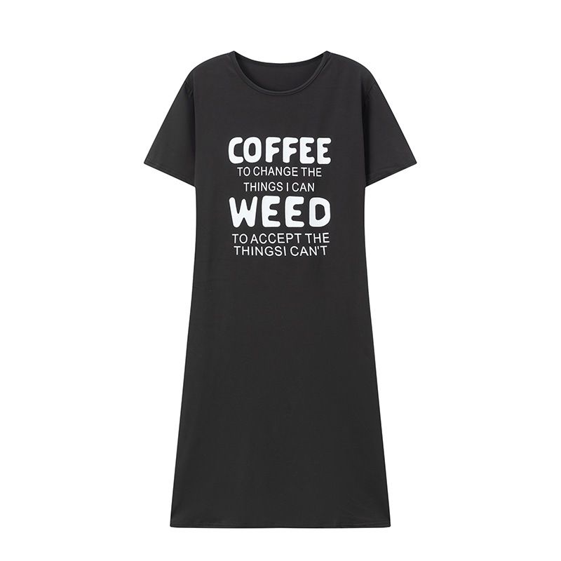 Women's Clothing Fun Coffee Slogan Print Casual Skirt Short Sleeve Round Neck Loose T Shirt Nightdress Dress_ecoleips.com