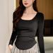 2025 #Selection Of Pure Cotton # Square Neck T-Shirt Women's Long Sleeved 2025 Autumn Outfit New Irregular Curved Slim Fit_ecoleips.com