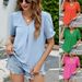 Women's Solid Color V-neck Pleated Short-sleeved Top_ecoleips.com