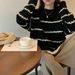 Japanese Retro Striped Knit Sweater Women's Loose Fit Long Sleeve Turtleneck Pullover - Soft Comfortable Chunky Knit Casual Top_ecoleips.com