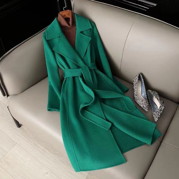 Women's Wool Blend Trench Coat Knee-Length Belted Overcoat With Polo Collar - Slim Fit 3D Texture Winter Coat For Office & Casual Wear_ecoleips.com