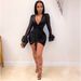 Women's Clothing V-neck Lantern Sleeve Sequin Sexy A-line Dress_ecoleips.com