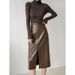 K Mid-length Leather Skirt For Women; Vintage, High-waisted, Slimming, Slit A-line Skirt With A Hip-hugging_ecoleips.com
