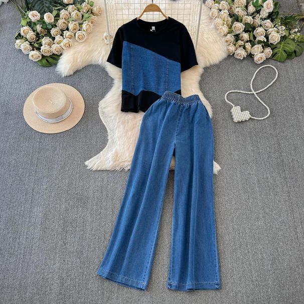 Women's Clothing Fashion Suit Patchwork Contrast Color Short Sleeved Top High Waist Wide Leg Jeans Two Piece Suit_ecoleips.com