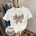 Women's Clothing Women's Cropped Top Round Neck Bow Print Style For Formal & Casual For Women Short Sleeve T-Shirt With Bow_ecoleips.com