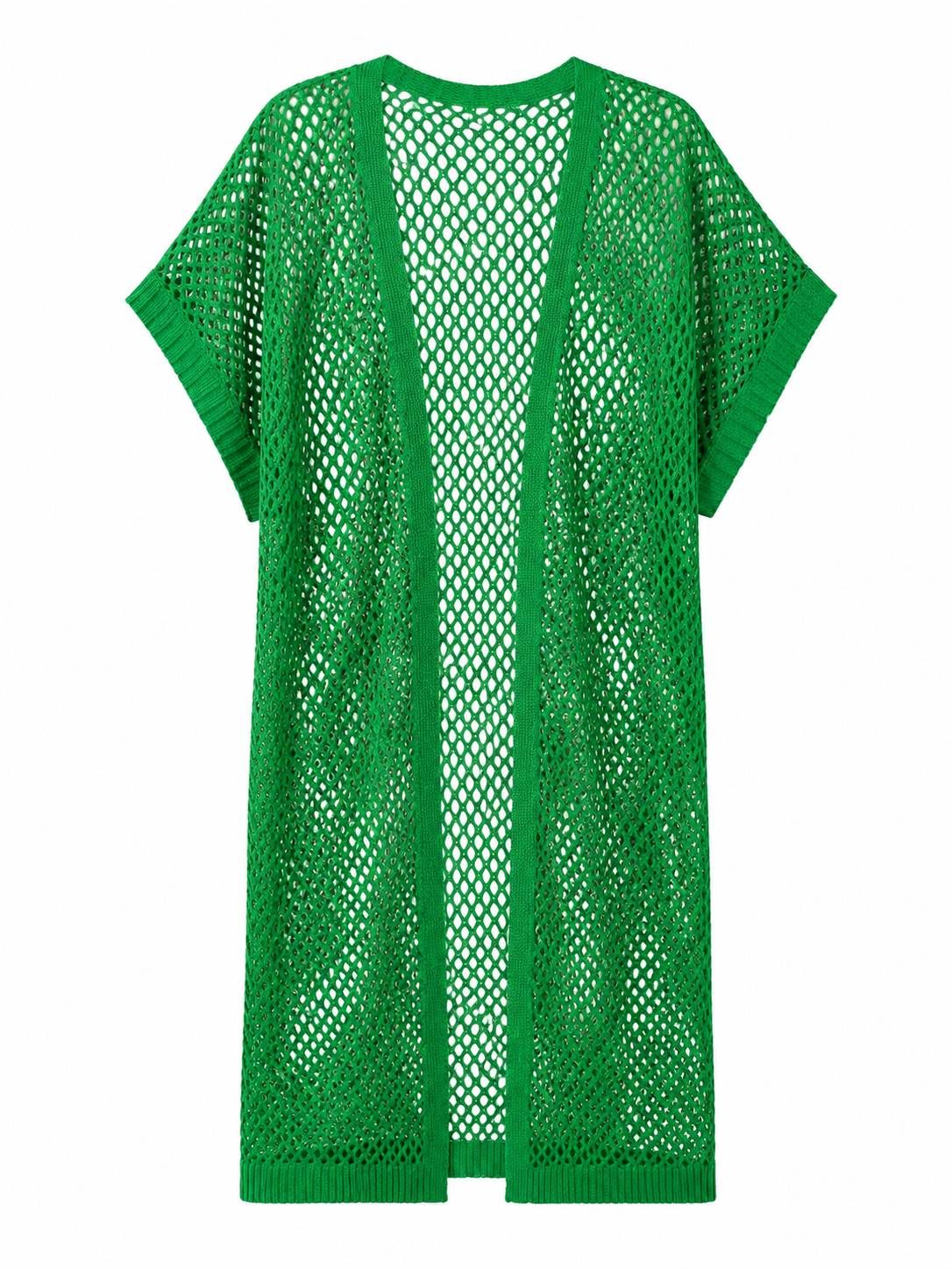 New Arrival! Women's Green Hollow Out Knit Cardigan Sexy Beach Cover Up Boho Crochet Mesh Longline Kimono Summer Sleeveless Sunscreen Outwear_ecoleips.com