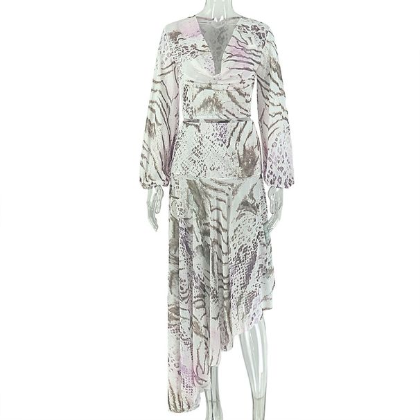 European And American Style Summer Exposed Navel Women's Clothing Slit Asymmetrical Dress Set With Print Long Sleeves, Loose Leisure Two-Piece Set_ecoleips.com