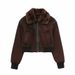 Women's Fleece-Lined High Neck Oversized Jacket - Casual Streetwear Coat With Zip Closure, Coffee Brown_ecoleips.com