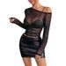 European And American Cross-border 2026 New Elegant Women's Black Sequin Mesh Asymmetrical Collar Long-sleeve T-shirt_ecoleips.com