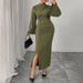 Women's Clothing Plus Size Clothes "Elegant High Waist Bell Sleeve Dress Solid Color Slit Maxi Dress With Pleated Skirt"_ecoleips.com