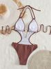 Women's Chocolate Brown Halter One-Piece Swimsuit Cutout Design Metal Ring Decor High Cut Bathing Suit For Beach Vacation_ecoleips.com
