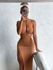 Women's Summer Sexy Halter Neck Hollowed out Waist Solid Color Tie High Slit Dress European And American Wholesale Trade_ecoleips.com