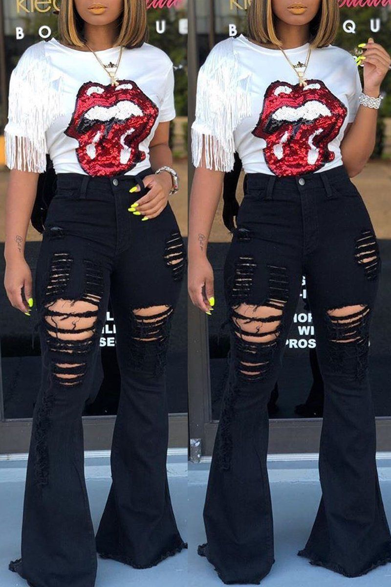 Women's Clothing Nostalgic High Waist Retro Elastic Hip Lifting Torn Holes Personality Trendy Wide Leg Flared Jeans Jeans Mopping Pants_ecoleips.com