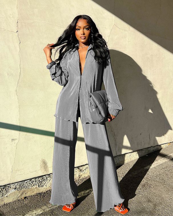 AD1555 Women's Clothing 2025 Autumn And Winter New Solid Color Pleated Long Sleeve Set_ecoleips.com