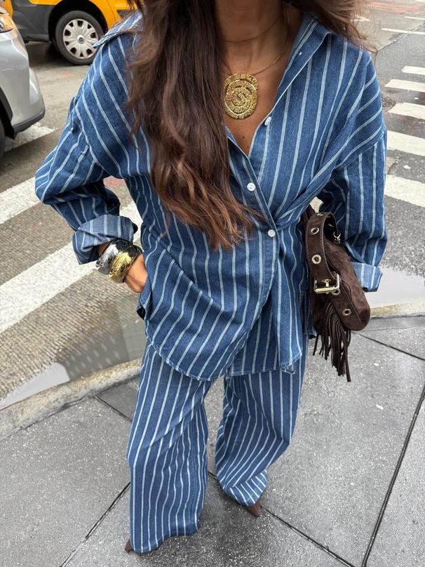 Women's Spring Fashion Casual Striped Long Sleeve Shirt And Trousers Set Loose Collar European And American Style_ecoleips.com