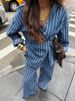 Women's Spring Fashion Casual Striped Long Sleeve Shirt And Trousers Set Loose Collar European And American Style_ecoleips.com