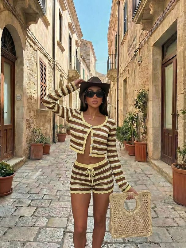 Women's Sexy Knitted Striped Beach Dress Bikini Swimsuit Cover up Sun Protection Set Cross Border European American Style for 2026_ecoleips.com