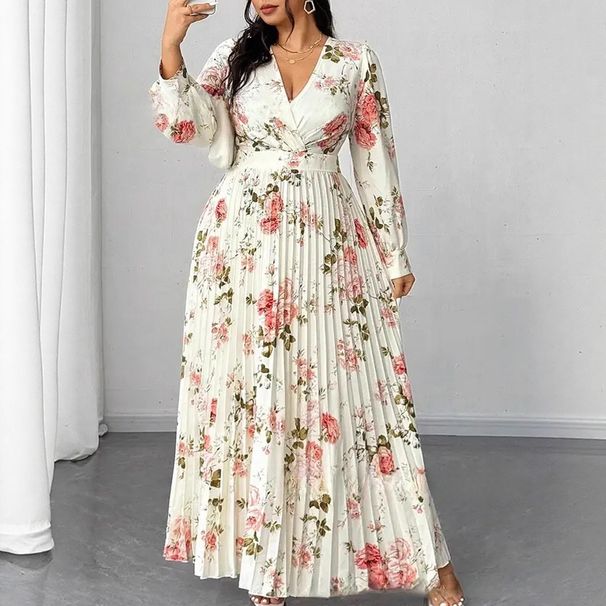 Elegant Plus Size Floral Print V-Neck Ruffle Dress – Romantic Long Sleeve A-Line Maxi Dress For Women_ecoleips.com