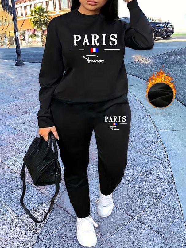 Women's Autumn And Winter Hip-hop Casual Street Paris Letter Pattern Printed Round Neck Sports Shirt+sports Pants Set-481_ecoleips.com