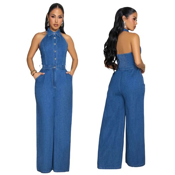 European And American Women's Denim Jumpsuit High Elastic Sexy Backless Lapel Wide Leg Pants Sleeveless 3582 Cross Border Fashion_ecoleips.com