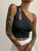 Women One Shoulder Cutout Ribbed Crop Tank Top, Asymmetric Sleeveless Slim Fit Y2K Streetwear Going Out Vest_ecoleips.com