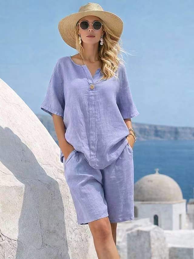 Summer Vacation Style Women's Cotton Linen Set Loose V Neck Short Sleeved Top With Cropped Straight Leg Pants Two Piece Outfit_ecoleips.com