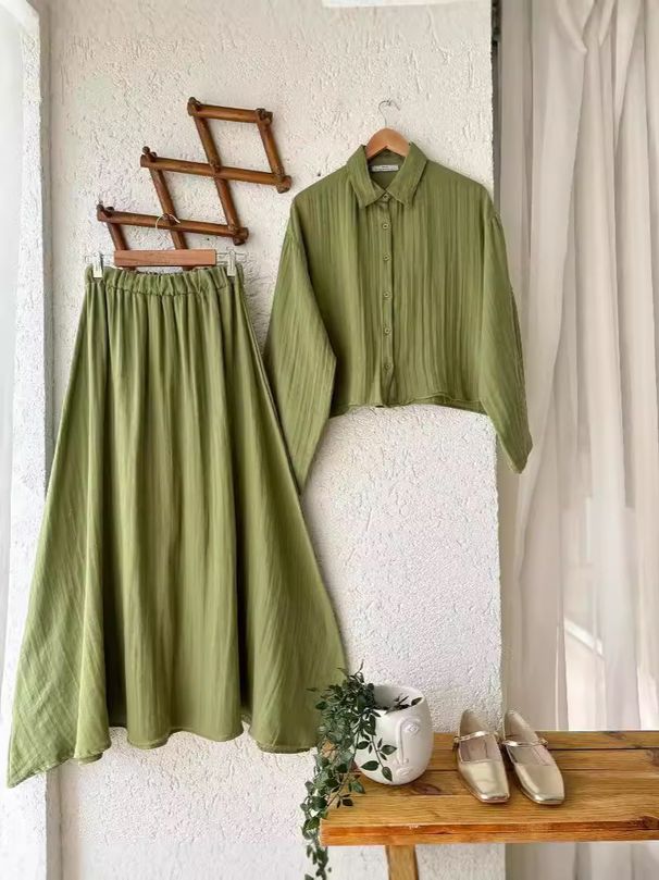 New Women's Clothing Solid Color Soft Cotton Wrinkled Muslim Skirt Shirt Fashion Suit Fashion Temperament_ecoleips.com