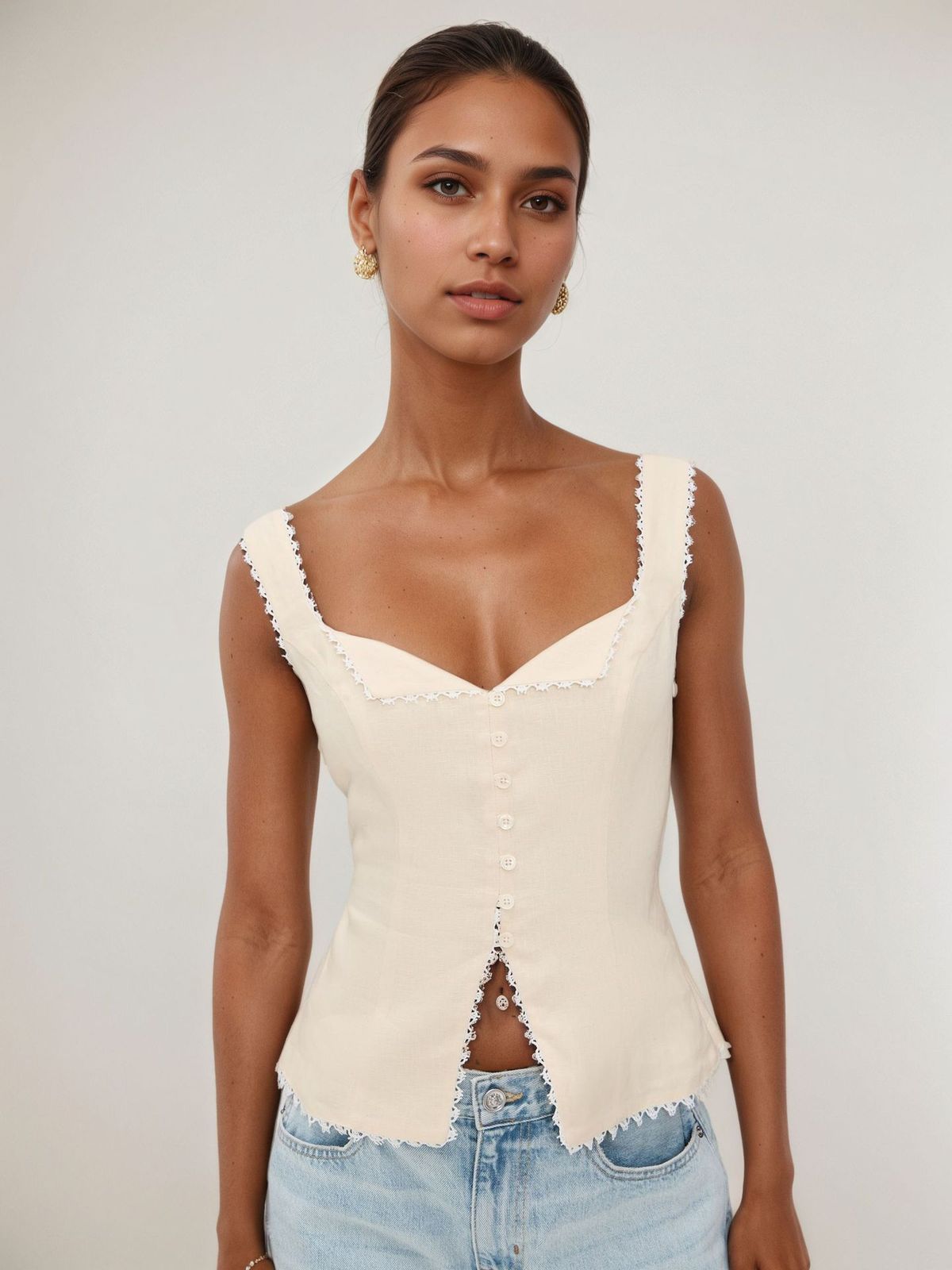 Women's Retro Cotton Linen Sleeveless Camisole Lace Patchwork Fashion Button Vest Top Solid Color_ecoleips.com