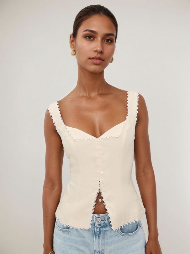 Women's Retro Cotton Linen Sleeveless Camisole Lace Patchwork Fashion Button Vest Top Solid Color_ecoleips.com