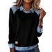 Women's Denim-Collar Knit Top – Long Sleeve Contrast Panel Pullover Sweater (7 Colors, Plus Size 3XL)_ecoleips.com