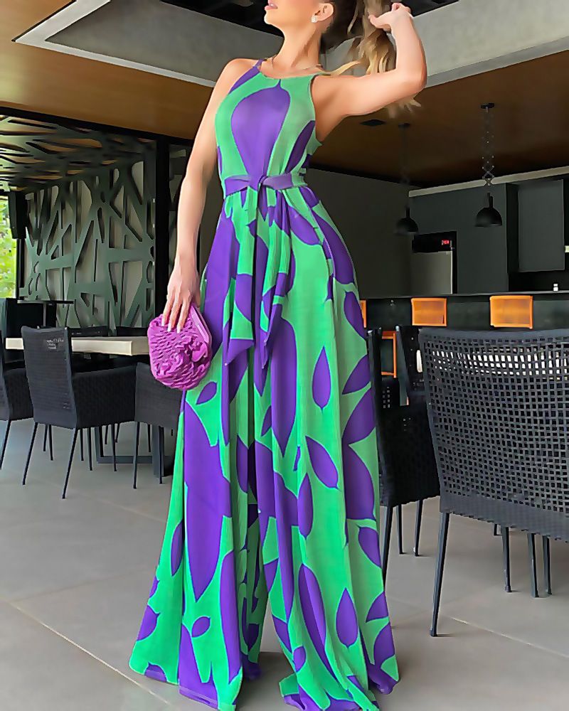 Women's Clothing Spring Temperament Commuting Sleeveless Large Swing Sling Type Printed Green High Waist Bodysuit_ecoleips.com