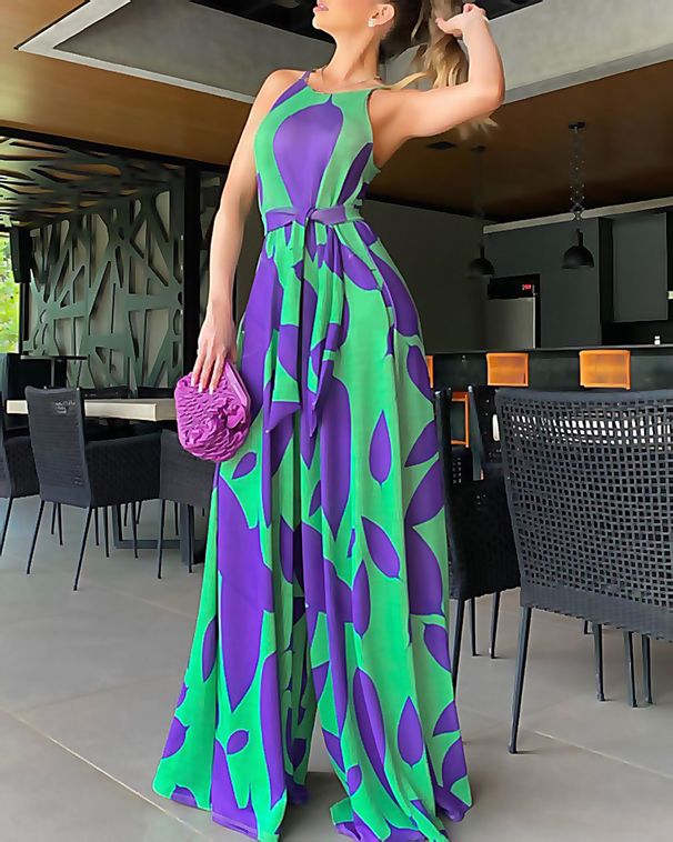 Women's Clothing Spring Temperament Commuting Sleeveless Large Swing Sling Type Printed Green High Waist Bodysuit_ecoleips.com