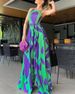 Women's Clothing Spring Temperament Commuting Sleeveless Large Swing Sling Type Printed Green High Waist Bodysuit_ecoleips.com
