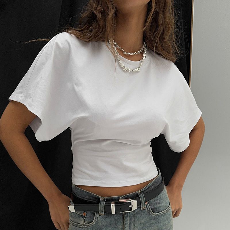 Women's French-Inspired Oversized T-Shirt Flowy Summer Top Slimming Fit Sweet-Spicy Shoulder Detail_ecoleips.com