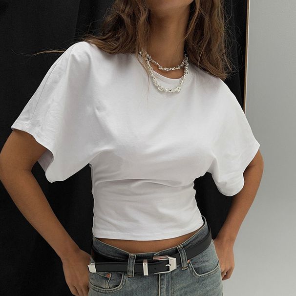Women's French-Inspired Oversized T-Shirt Flowy Summer Top Slimming Fit Sweet-Spicy Shoulder Detail_ecoleips.com