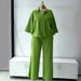 Women's Clothing Women's Style Solid Color Lapel Single Breasted Mid Sleeve Shirt And Plus Size Straight Leg Trousers Two Piece Set_ecoleips.com