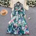 Elegant French-Inspired Embellished Beaded Collar Long Sleeve Printed Wrap Dress With Belt & Button Closure_ecoleips.com