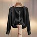 Women's Solid Color Beaded Blouse – Elegant Round Neck Long Sleeve Top For Work & Casual (Black/White/Wine/Beige)_ecoleips.com