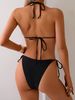Solid Black Gold Bead Bikini Set Halter Tie Side High Cut Two Piece Beach Swimsu_ecoleips.com