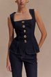 Women's Clothing Modern Style Button High Waist Denim Top Trousers Suit_ecoleips.com