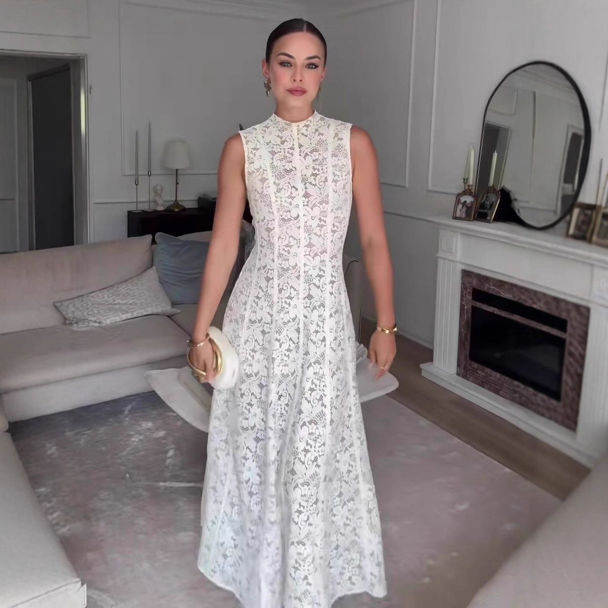 Elegant White Lace Maxi Dress - Sleeveless High Neck Bohemian Style Dress For Women, Breathable And Chic_ecoleips.com