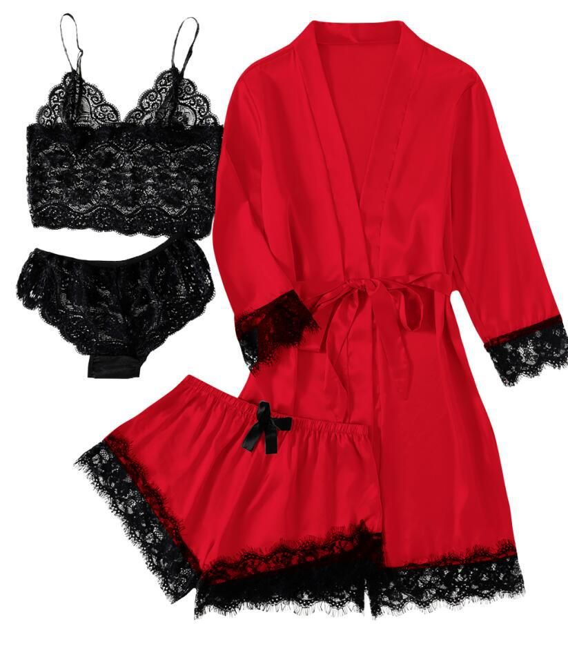 Women's Clothing Women's Pajamas Four piece Sexy Suspender Skirt Set Home Clothes Lace Pajamas Set_ecoleips.com