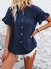 K Women's Casual Short Sleeved Pleated Shirt Button Solid Color Stand Up Collar Shirt_ecoleips.com