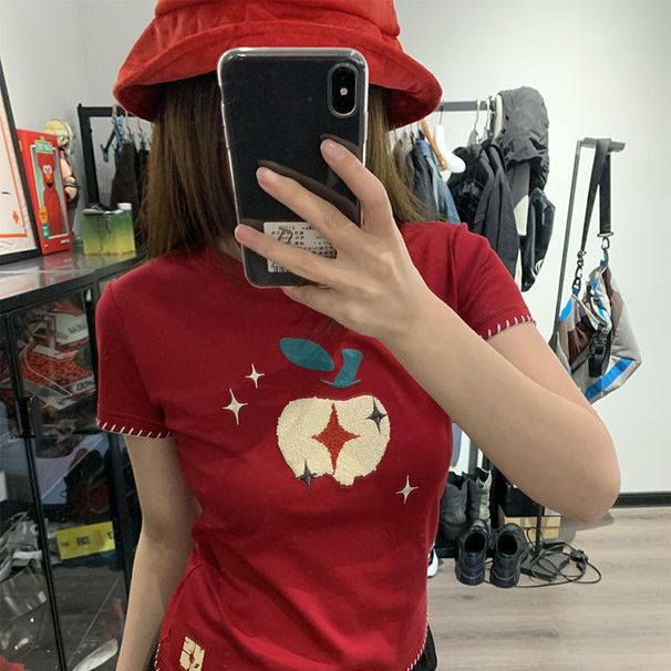 Onalippa Super White Embroidered Spicy Girl Shoulder Short Sleeved T-shirt Women INS Pure Desire Style Show Thin Unique Top_ecoleips.com