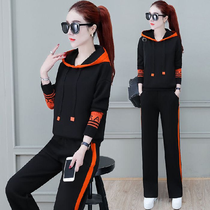 Women's Clothing 2-Piece Hoodie Tracksuit Set - Casual Loose Fit Pullover & Jogger Pants, Comfortable Fall Outfit With Drawstring Hood (Black/Gray)_ecoleips.com