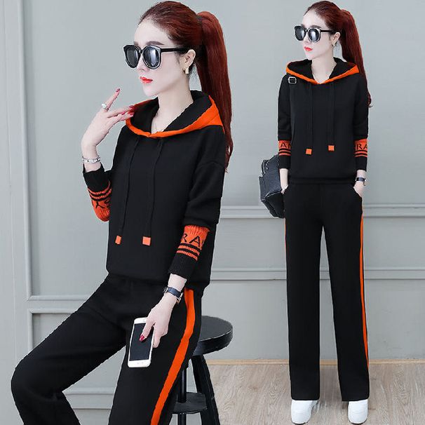 Women's Clothing 2-Piece Hoodie Tracksuit Set - Casual Loose Fit Pullover & Jogger Pants, Comfortable Fall Outfit With Drawstring Hood (Black/Gray)_ecoleips.com