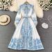 Women's Clothing High Grade Retro Palace Style Celadon Print Waist Slimming Single Breasted A Line Dress Elegant Long Skirt_ecoleips.com