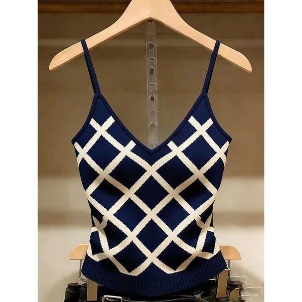 Slim Fit Camisole Knitted Retro Top Short Plaid Design Base Layer For Women_ecoleips.com